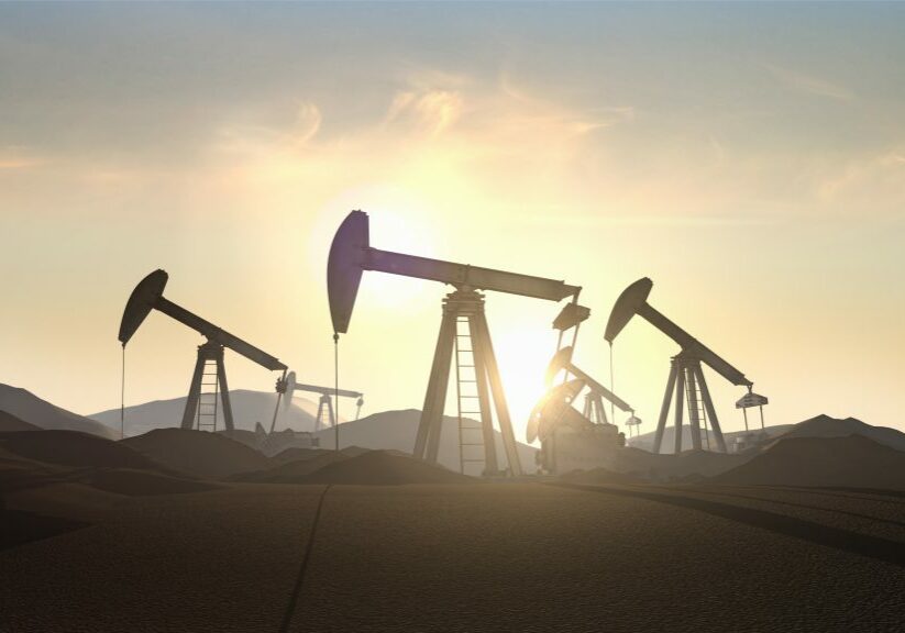 Realistic 3D rendered Oil Rigs in the desert with a beautiful sun flare in the background.